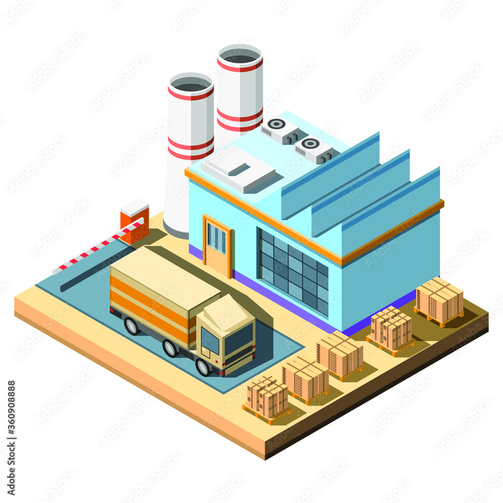 Isometric 3D Factory Building With Pipes Truck  And Barrier Vector Design Style