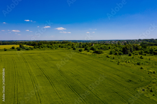 Aerial view of green field and blue sky.