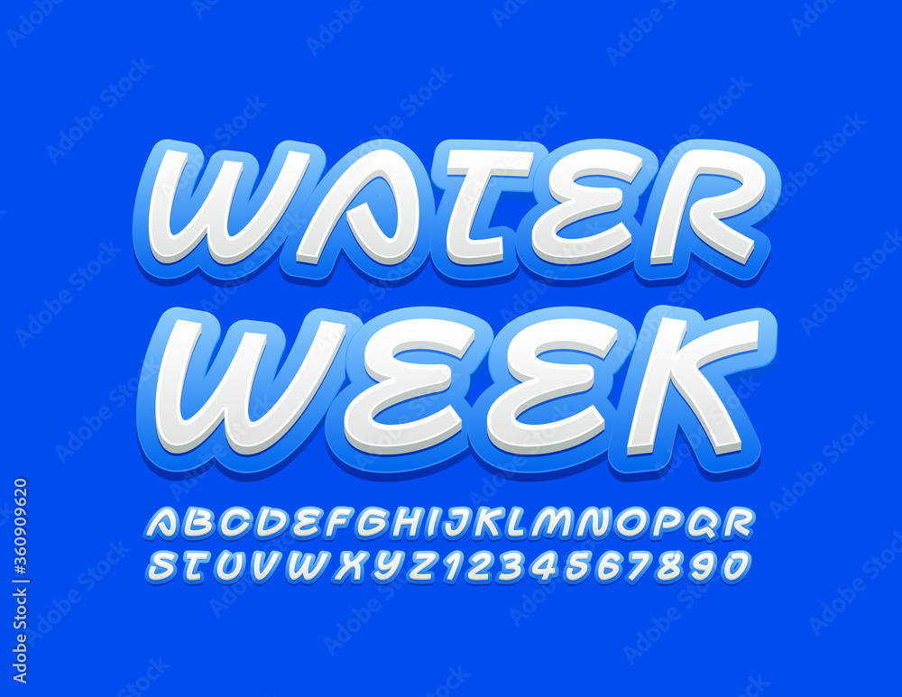 Vector creative banner Water Week with handwritten Font. Blue and White Alphabet Letters and Numbers Vector creative banner Water Week with handwritten Font. Blue and White Alphabet Letters and Numbers
