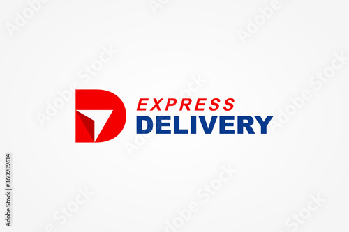 Initial Letter D Logo. Red Shape D Letter with Negative Space Right Up Arrow inside isolated on White Background. Usable for Business and Delivery Logos. Flat Vector Logo Design Template Element.