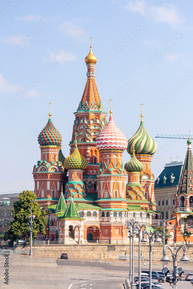 View of Saint Basil's Cathedral (or Cathedral of Vasily the Blessed) on Red Square on a summer morning in Moscow, Russia. Theme of travel in Russia.