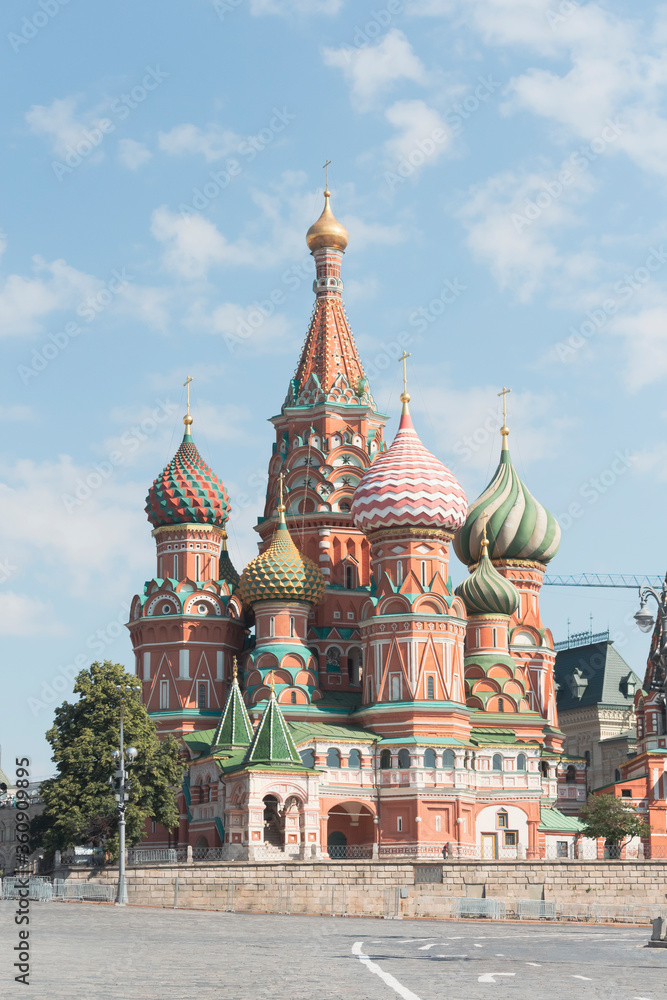 View of Saint Basil's Cathedral (or Cathedral of Vasily the Blessed) on Red Square on a summer morning in Moscow, Russia. Theme of travel in Russia.