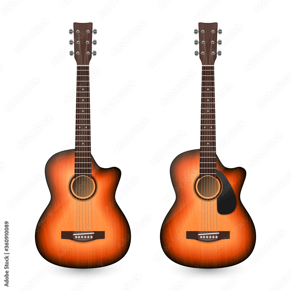 Obraz premium Vector 3d Realistic Classic Old Retro Acoustic Brown Wooden Guitar Icon Set Closeup Isolated on White Background. Design Templte, Mockup, Clipart. Musical Art Concept