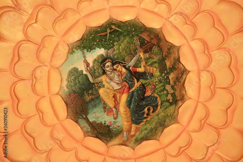 Canvastavla Beautiful artwork of Lord Krishna and Goddess Radha painted on the ceiling of the ISKCON temple adds to its aesthetics