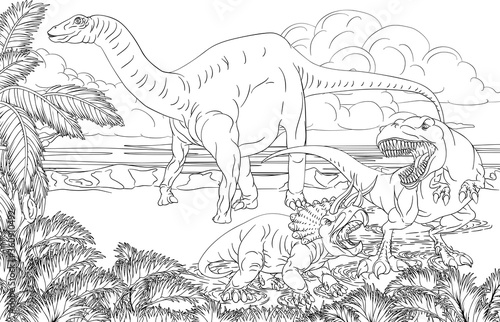 A dinosaur T Rex tyrannosaurus, triceratops and diplodocus or brontosaurus black and white outline cartoon scene like a kids coloring book page