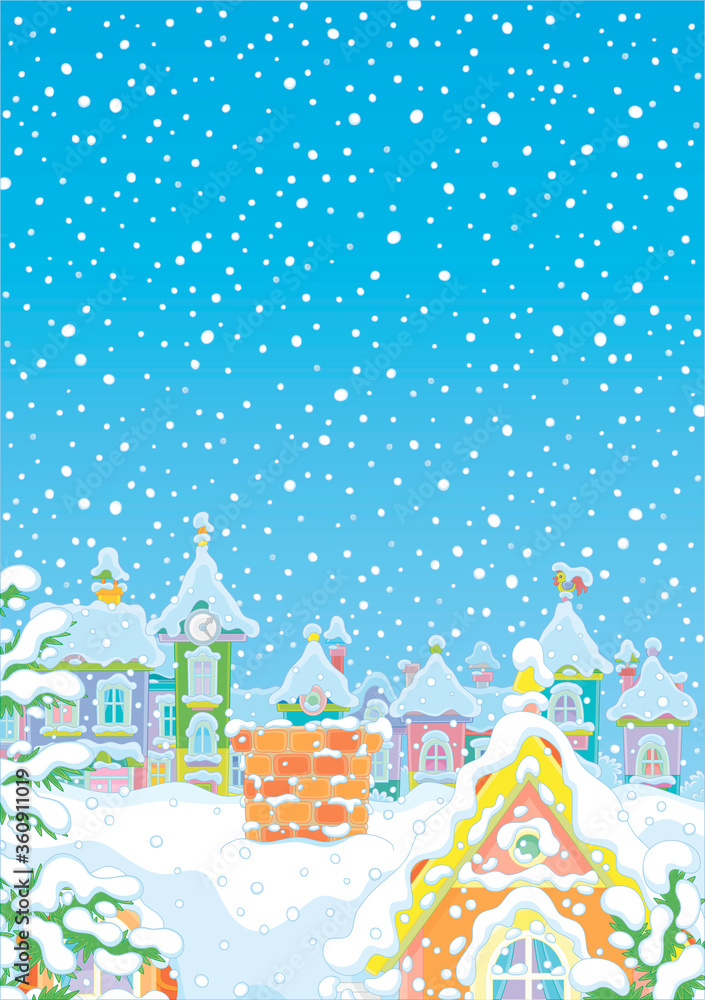 Winter background with a bricky chimney on a snow-covered rooftop of an old house in a small colorful town on a snowy night before Christmas, vector cartoon illustration