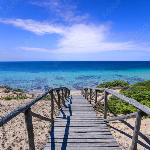 Fototapeta Naklejka Na Ścianę i Meble -  The most beautiful beaches of Italy. Campomarino dune park: fence between sea dunes,Taranto (Apulia). The protected area extends along the entire coast of the town of Maruggio.