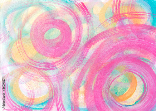 Bright Background of abstract pink circles on a blue and yellow background