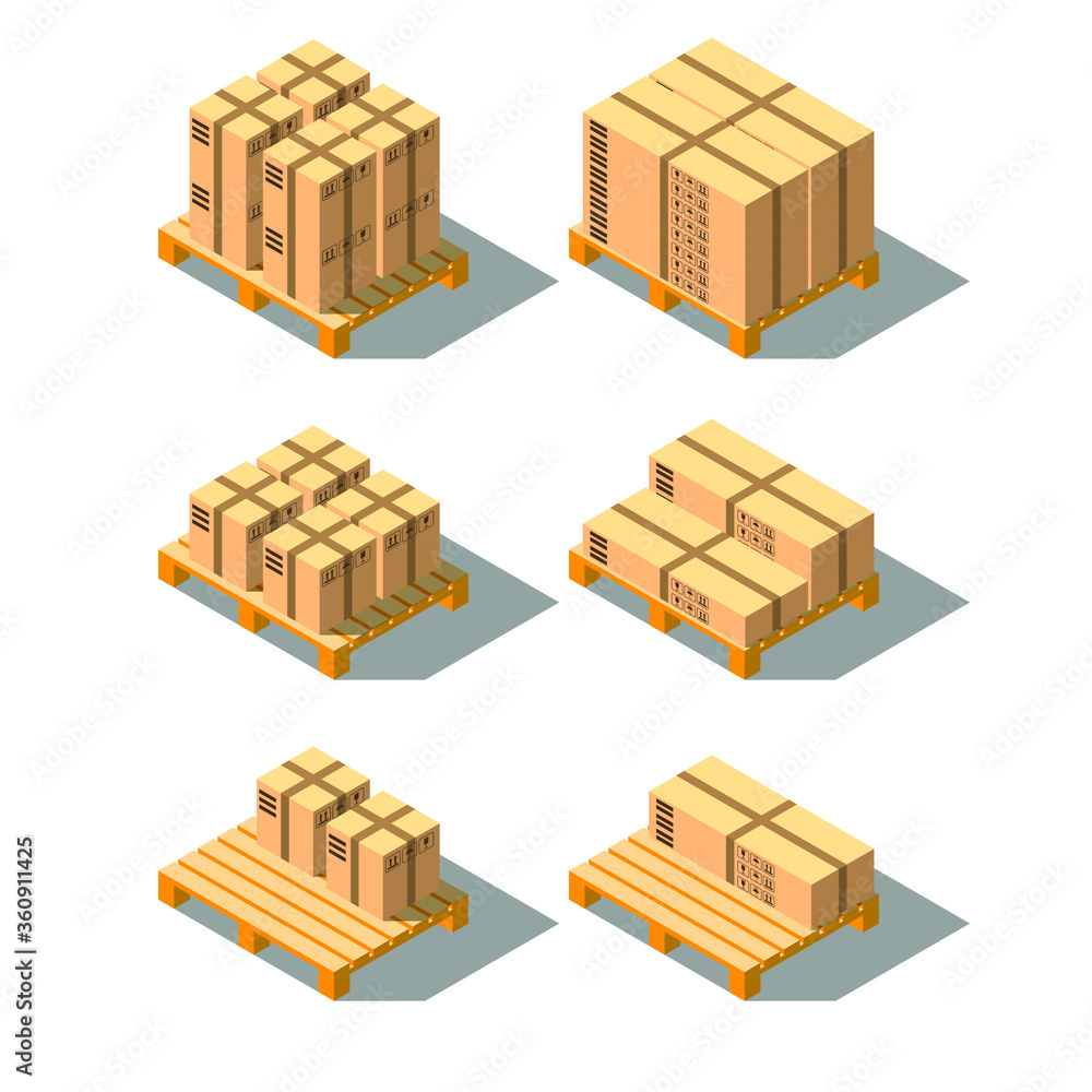Isometric 3D Cardboard Boxes On Wooden Pallet Vector Design Style Isometric 3D Cardboard Boxes On Wooden Pallet Vector Design Style