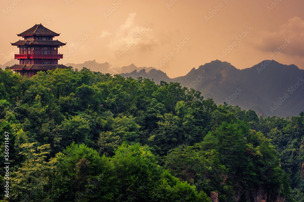 Pagoda on top of a mountain peak in Zhangjiajie NP