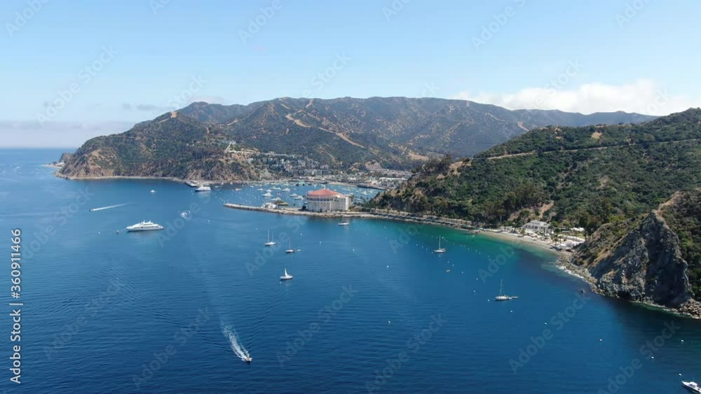 Aerial view of Santa Catalina Island with Avalon and Descanso calm bay, famous tourist attraction in Southern California, USA Aerial view of Santa Catalina Island with Avalon and Descanso calm bay, famous tourist attraction in Southern California, USA