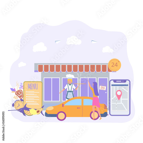 Roadside cafe. Restaurant along the way. Auto shop. Shopping without leaving the car. Colorful vector illustration.