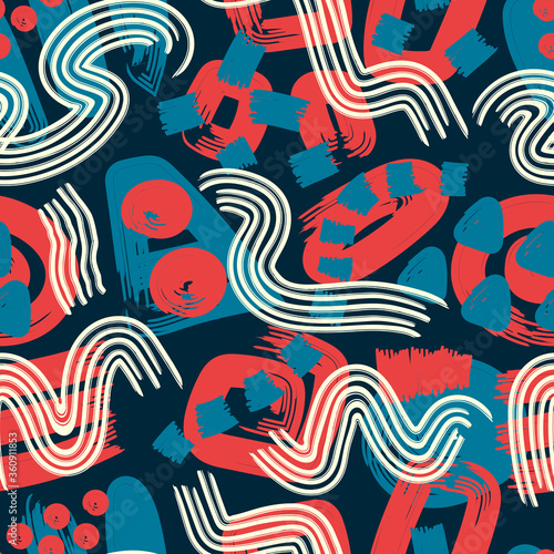 vector rough red white green geometric and lines brush overlap seamless pattern on dark blue