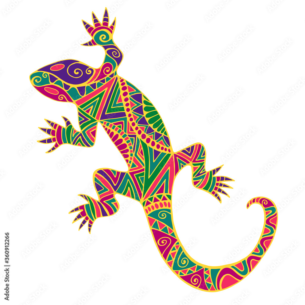Fototapeta premium Bright colorful psychedelic lizard with many ornaments, isolated on white background.
