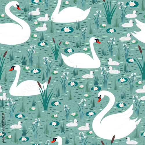White swans with chicks swim in the pond among lilies and reeds seamless pattern.