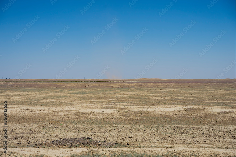Obraz premium Steppe in the summer. Blue sky and clouds over the steppe. Burnt steppe in the summer. The texture of the earth scorched by the sun. Desert. 