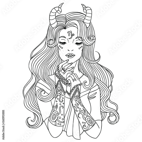 Fantasy art. Beautiful woman capricorn with long hair and with jewellery in her hands. Zodiac vector illustration for coloring book for adults. Isolated on white.