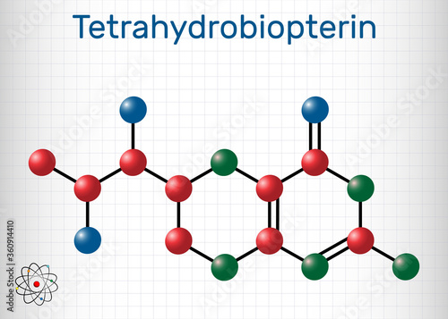 Tetrahydrobiopterin, BH4, THB, sapropterin molecule. It has role as coenzyme, diagnostic agent, human metabolite, cofactor. Sheet of paper in a cage
