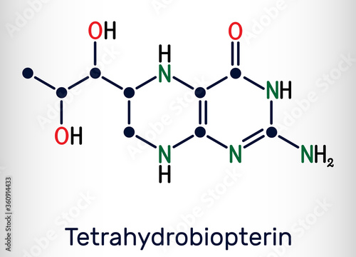 Tetrahydrobiopterin, BH4, THB, sapropterin molecule. It has role as coenzyme, diagnostic agent, human metabolite, cofactor. Skeletal chemical formula