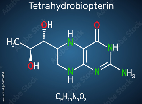 Tetrahydrobiopterin, BH4, THB, sapropterin molecule. It has role as coenzyme, diagnostic agent, human metabolite, cofactor. Dark blue background