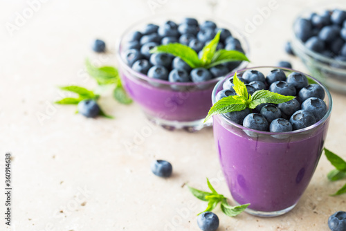 Blueberry dessert in the glass bowl
