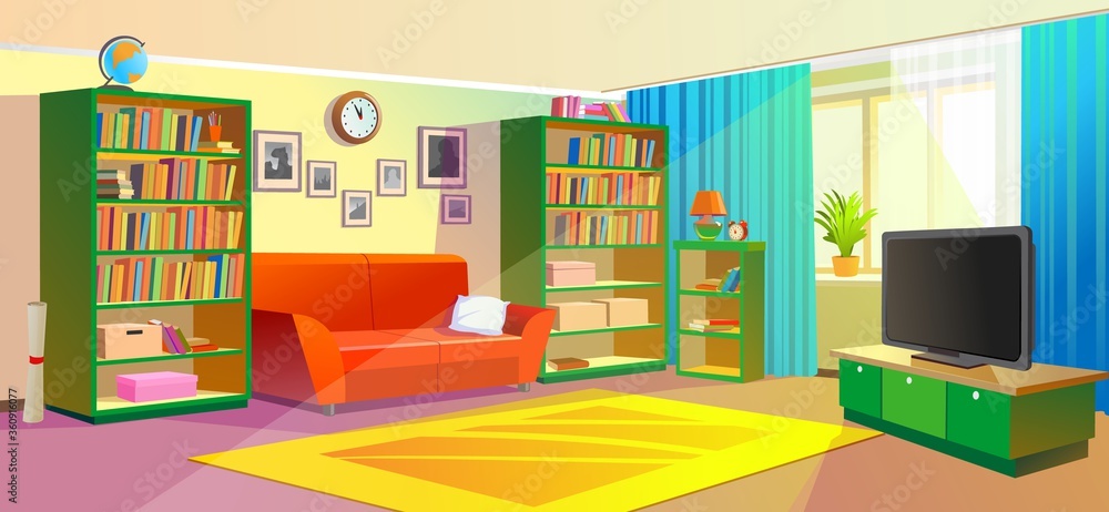 Living, cozy room with sunlit sun. Interior of the living room with sofa, TV and bookcase. Living, cozy room with sunlit sun. Interior of the living room with sofa, TV and bookcase.