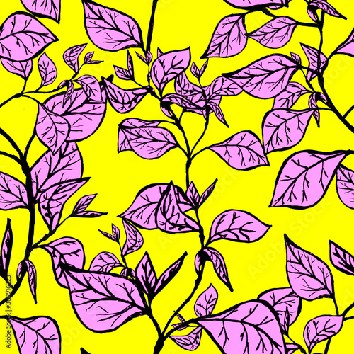 seamless floral pattern of interwoven branches with pink leaves on a bright yellow background