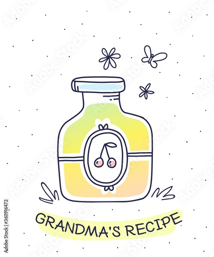 Vector illustration of color glass jar with homemade cherry jam,