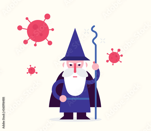 Wizzard with the coronavirus moleculas. Flat design illustration. Fight against covid-19 concept.