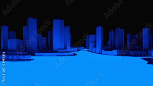 Conceptual 3d illustration of a night city with lighting from glowing water. 3d rendering.