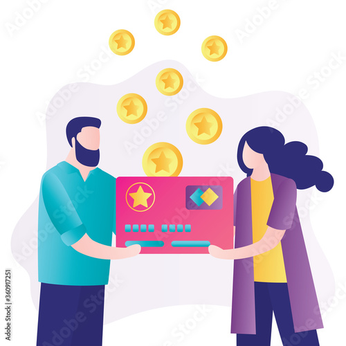 Couple holding discount card. Concept of loyalty marketing program and customer service