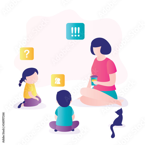 Woman talking with kids. Teacher communicate children. Education process. Relationship concept.