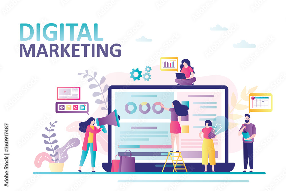 Digital marketing landing page. Business team analyzes internet traffic. Advertising and sales through social networks.