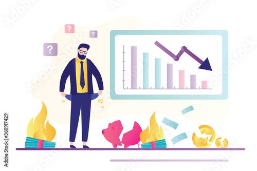 Bankrupt with empty pockets. Global crisis, finance problems and bankruptcy. Down arrow chart. Businessman losing all savings money