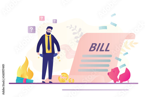 Bankrupt with empty pockets and big bill. Frustrated businessman worry for loan, mortgage and financial bills.