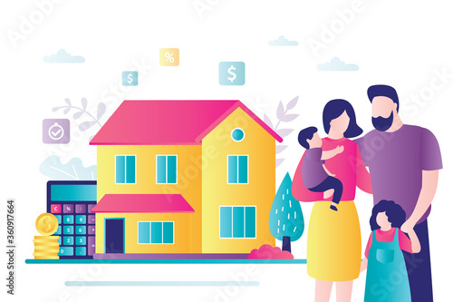 Family buying home with mortgage and paying credit to bank. Rent and loans concept. Happy family move in new house