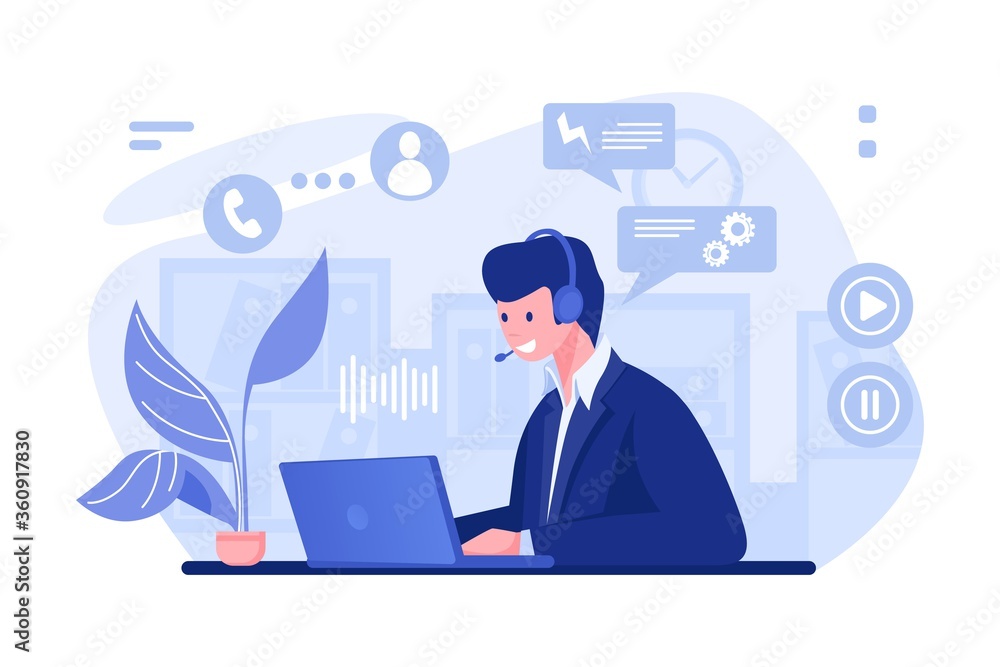 Call center operator. Cartoon character with headset at the desk working in office, customer support and info center concept. Vector illustration call center manager consulting consultation clients Call center operator. Cartoon character with headset at the desk working in office, customer support and info center concept. Vector illustration call center manager consulting consultation clients