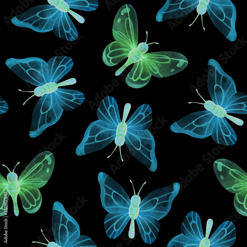 Blue and green butterflies. Cute seamless pattern with watercolor illustrations. Neon insects on a black background. Bright print for fabric in children's style. Stock image