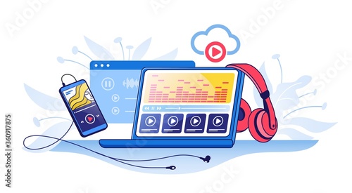 Online radio. Music streaming service concept with smartphone, headphones and music play list. Vector audio player and online broadcast, internet media device