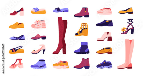 Cartoon footwear. Elegant and casual shoes, seasonal summer sandals and autumn boots, running sneakers. Vector illustration cartoon fashionable male and female shoes