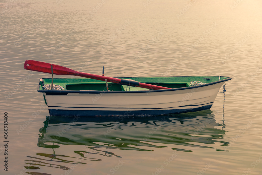 Naklejka premium white wooden fishing boat moored on the shore at sunset
