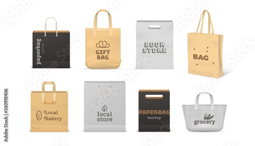 Realistic shopping bag. Paper and fabric bag mockup template for corporate identity and logo presentation. Vector illustration isolated 3D grocery craft textile eco bag set