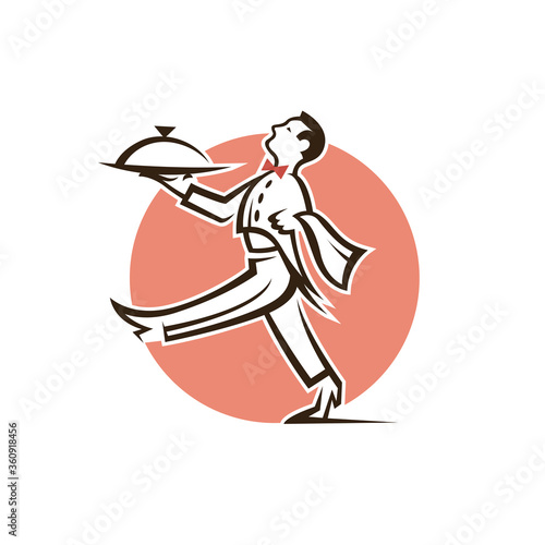 restaurant waiter icon with tray of food in hand isolated on white background