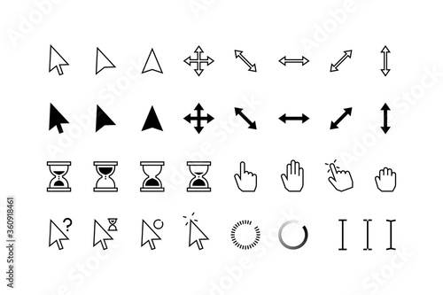 Cursor icons. Classic pointer arrows, hourglass and hands with click hold and point state, computer mouse web buttons. Vector graphic pointers set for internet technology, click in window shape