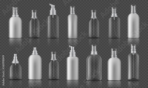 Spray bottle. Sanitizer gel for hands hygiene, corona virus prevention concept, cosmetic bottle with pump. Vector illustration mock up plastic spray container on transparent background