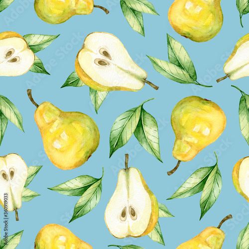 Cute pear fruits and leaves seamless pattern on a blue background. Watercolor illustration of a half pear