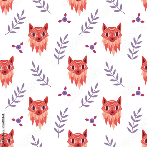 Seamless pattern with cute cartoon fox faces and plants. Woodland character on white background. Vector illustration.