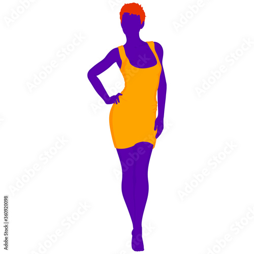 Beautiful a fashion girl in short dress. Purple silhouette of young woman. Vector illustration.