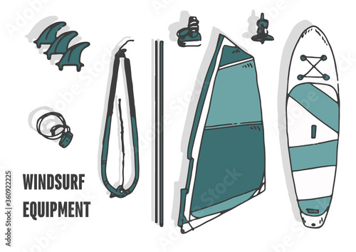 Wind surf elements on flat background. Isolated objects. Maritime sports. Fins, wrap straps, sail, board, boom, food straps, masts, and harness lines.