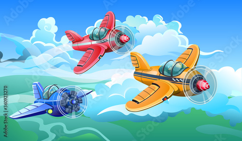 Three colorful aircrafts fly in the sky among the clouds. Vector illustration.